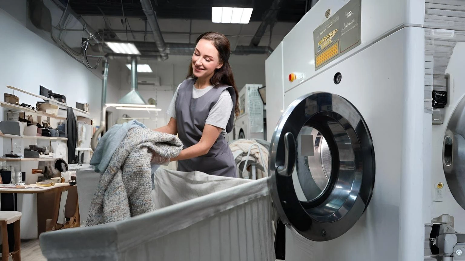 Laundry specialist loading garments into a professional washing machine